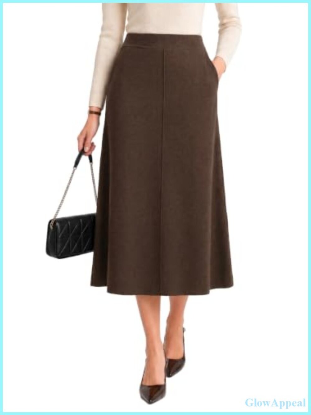 Wool Blend A-Line Midi Sweater Skirt Elastic Waist Work